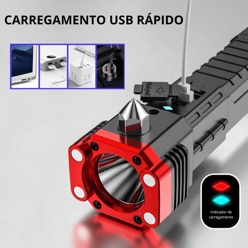 Lanterna em LED multifuncional recarregável USB com martelo de segurança para vidros - Oneshopp 